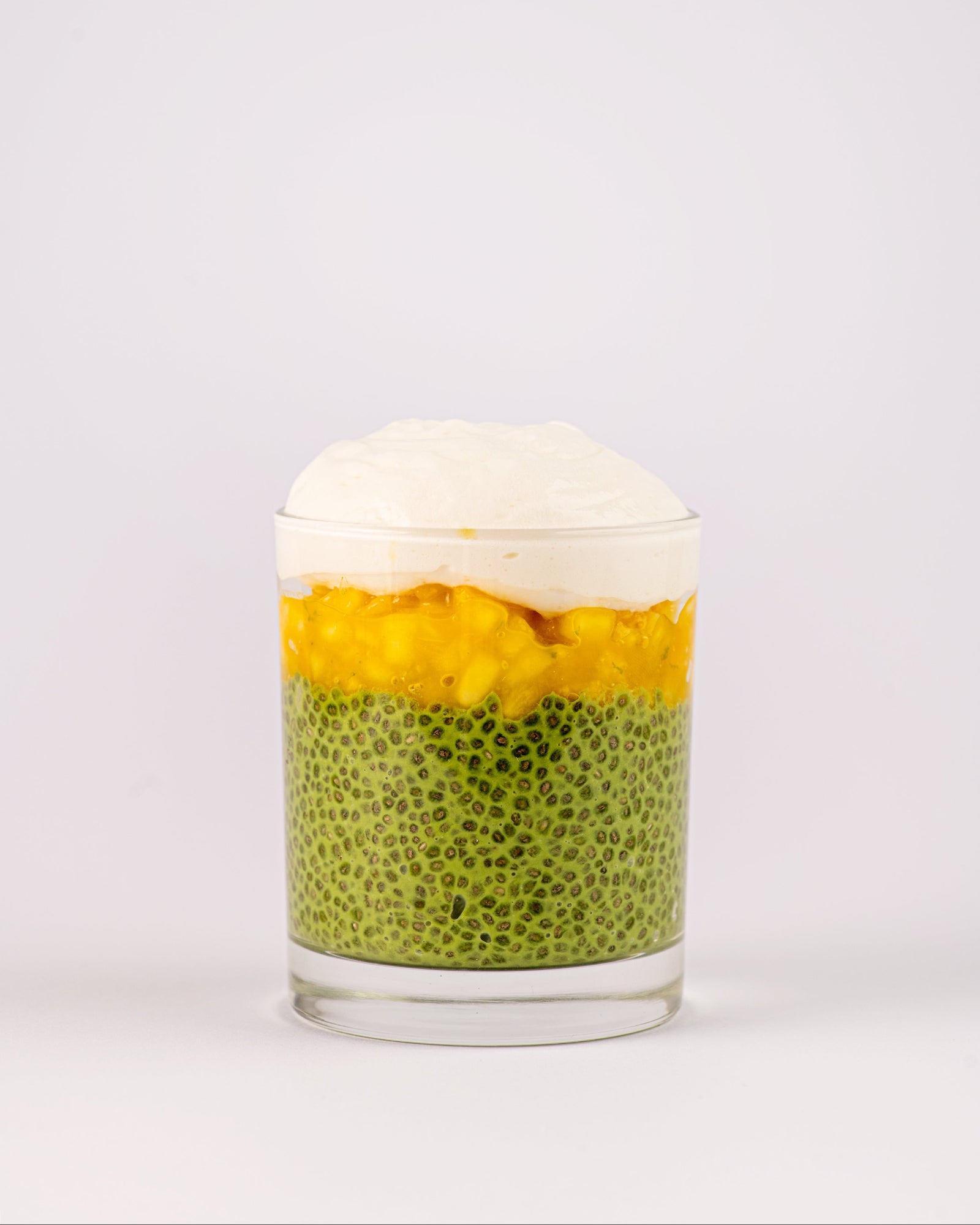 Chia pudding with matcha and exotic fruits